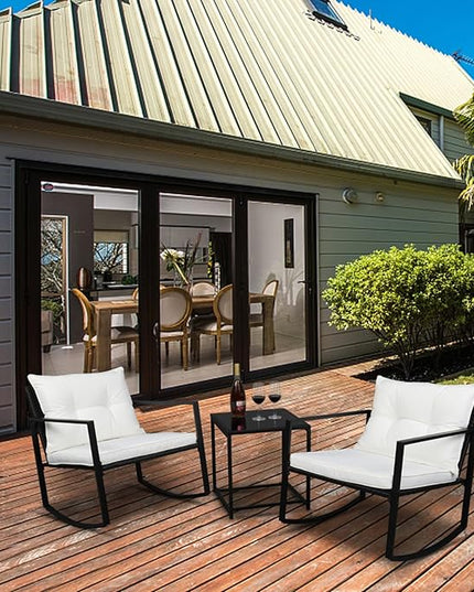 Outvita 3-Piece Rocking Bistro Set, Outdoor Wicker Patio Furniture Set with Glass Coffee Table Perfect for Outdoor Porch, Balcony and Garden (White) - LeafyLoom