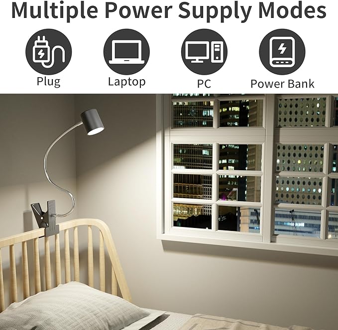 Dott Arts Desk Lamp,USB Clip On Light with 3 Color Modes,LED 10 Levels Brightness Reading Lamp, 360°Gooseneck Book Light,Eye-Care Reading Light for Home Office,Headboards Grey - LeafyLoom