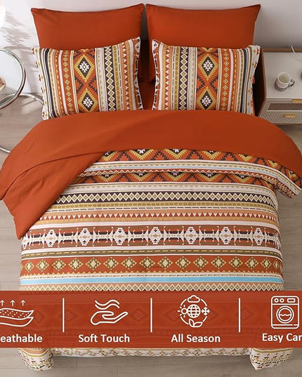 Dinjoy Queen Size Comforter Set Boho,Burn Orange Bed in a Bag Queen Striped Bedding Sets Terracotta Western Comforters with Sheets 7 Pieces Complete Set Aztec for All Seasons 90"x90" - LeafyLoom