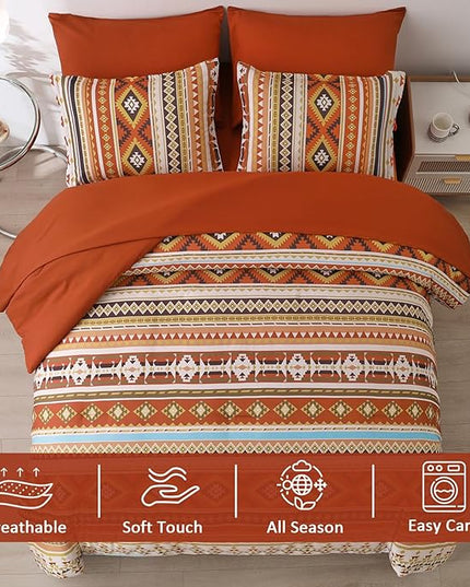 Burn Orange/Terracotta Comforter Set King, Boho Bed in A Bag King Size 7 Pieces Aztec Striped Bedding Set for Women Men Geometric Bohemian Complete Set (90"×104") - LeafyLoom
