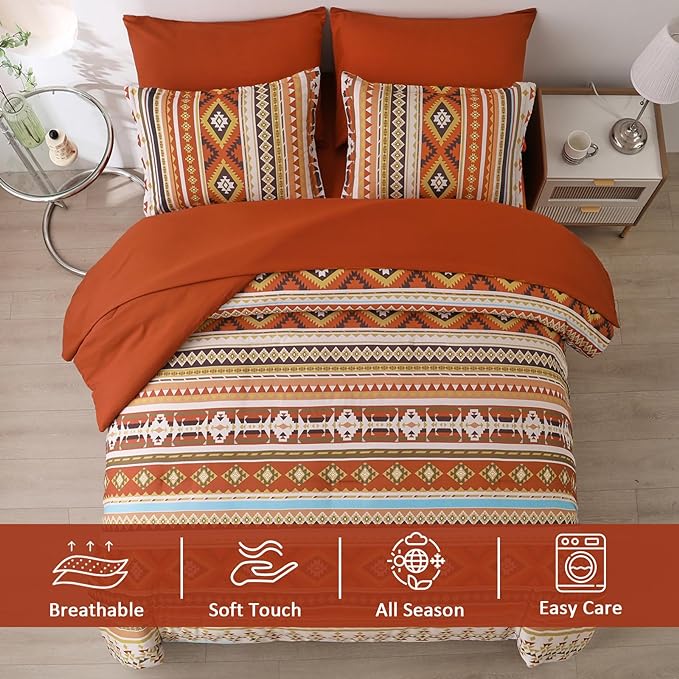 Burn Orange/Terracotta Comforter Set King, Boho Bed in A Bag King Size 7 Pieces Aztec Striped Bedding Set for Women Men Geometric Bohemian Complete Set (90"×104") - LeafyLoom