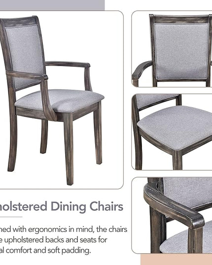 76.9 Inch Dining Table Set for 6, Extendable Dining Table Set with Removable Leaf, Kitchen Table Set with Upholstered Side Chair and Arm Chair for Dining Room, Dark Brown+Grey - LeafyLoom