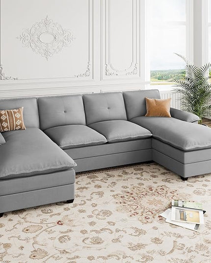 Shintenchi 110" Modular Sectional Couches for Living Room, U-Shaped Sofa Couch with Double Chaise, 4 Seat Sofa Sets with Thick Cushion & Soft Backrest, Light Grey - LeafyLoom