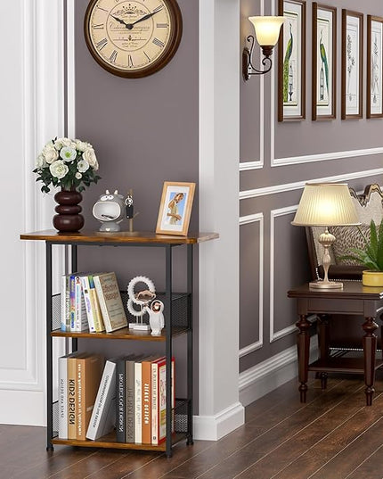Small Bookshelf 3 Tier Small Table - Office Shelf Rustic Industrial Bookshelf, Wood and Metal Storage Shelf Stand Organizer Tall Table for Living Room, Bedroom, Office - LeafyLoom