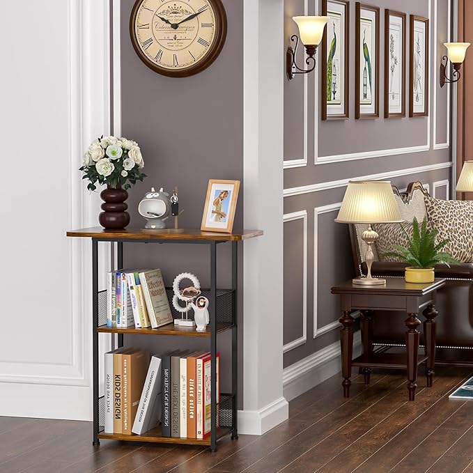 Small Bookshelf 3 Tier Small Table - Office Shelf Rustic Industrial Bookshelf, Wood and Metal Storage Shelf Stand Organizer Tall Table for Living Room, Bedroom, Office - LeafyLoom