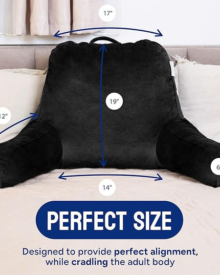 ComfortSpa Reading Pillow for Bed Adult Size, Back Rest Pillow with Arms, Pockets and Washable Cover; Use as Bed Pillows for Sitting Up in Bed for Bedrest or Relief from GERD Heartburn (Black) - LeafyLoom