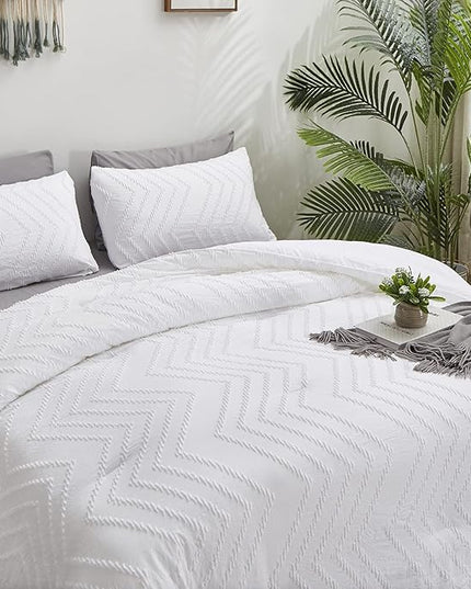 Wellboo White Tufted Jacquard Boho Comforter Set Full Size White Bedding Set Shabby Chic All Season Bed Quilt Women Men White Farmhouse Embroidery Blanket Soft Adult Broken Line Wave Geometry Bed - LeafyLoom