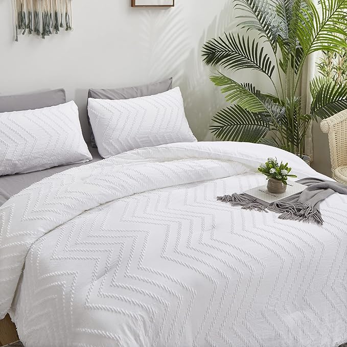 Wellboo White Tufted Jacquard Boho Comforter Set Full Size White Bedding Set Shabby Chic All Season Bed Quilt Women Men White Farmhouse Embroidery Blanket Soft Adult Broken Line Wave Geometry Bed - LeafyLoom