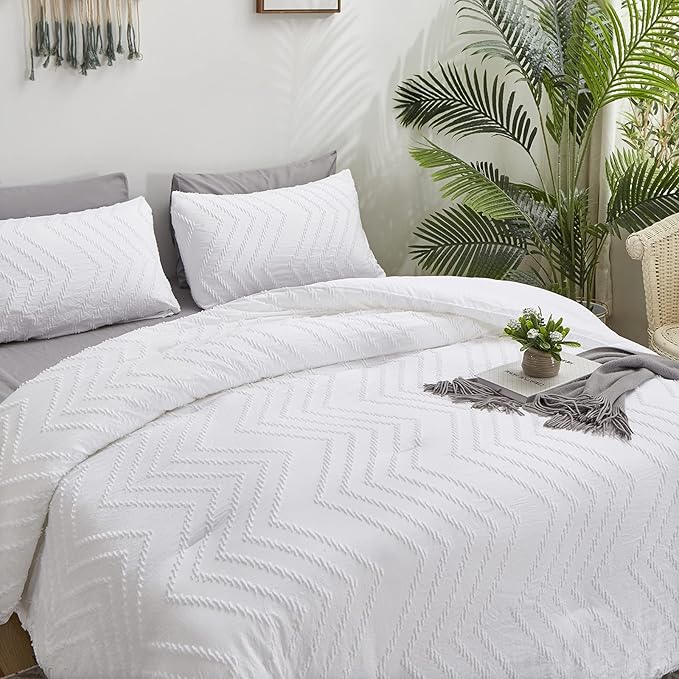 Wellboo White Tufted Jacquard Boho Comforter Set King Size White Bedding Set Shabby Chic All Season Bed Quilt Women Men White Farmhouse Embroidery Blanket Soft Adult Broken Line Wave Geometry Bed - LeafyLoom