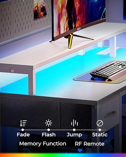 SUPERJARE 47 inch Reversible L Shaped Desk with LED Lights & Power Outlets, Computer Desk with Shelves & Monitor Stand, Gaming Desk with Drawer, Home Office Desk Corner Desk, PU White Drawer - LeafyLoom