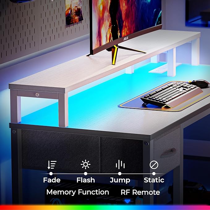 SUPERJARE 47 inch Reversible L Shaped Desk with LED Lights & Power Outlets, Computer Desk with Shelves & Monitor Stand, Gaming Desk with Drawer, Home Office Desk Corner Desk, PU White Drawer - LeafyLoom