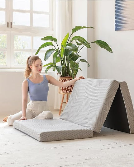 Tri-Fold Memory Foam Mattress, 4 inch Queen Folding Mattress with Collapsible and Washable Cover, Travel and Guest Mat, 80"×60"×4", Grey - LeafyLoom