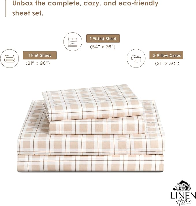 Linen Home Cotton Lyocell Blend Percale Printed Sheet Set, Pre-Washed & Shrunk, Cooling Bed Sheets, Full Size, 4 Pieces - 1 Flat, 1 Deep Pocket Fitted Sheet, 2 Pillowcases, Checks Yellow - LeafyLoom