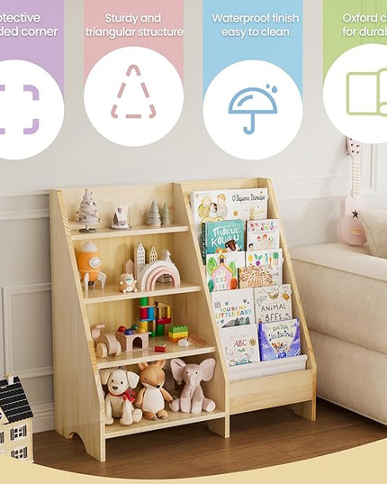 Kids Bookshelf, Solid Wood Bookshelf Bookcase Storage Organizer for Children, 4 Tier Bookshelf 5 Layer Sling Bookcase Toddler Book Rack Storage Organizer for Kids Room Nursery Play Room Kindergarten - LeafyLoom