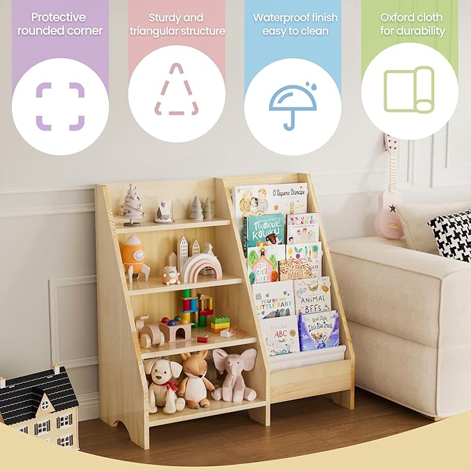 Kids Bookshelf, Solid Wood Bookshelf Bookcase Storage Organizer for Children, 4 Tier Bookshelf 5 Layer Sling Bookcase Toddler Book Rack Storage Organizer for Kids Room Nursery Play Room Kindergarten - LeafyLoom