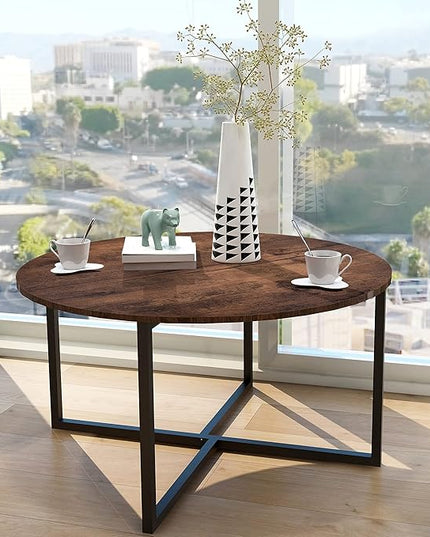 Round Coffee Table Kitchen Dining Table Modern Tea Table Office Conference Pedestal Desk Computer Study Desk Rustic Brown/Black - LeafyLoom