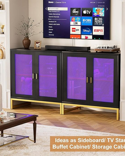 Aheaplus Sideboard Buffet Cabinet with Power Outlet, Accent Cabinet with Storage & LED Lights &Doors, Small Storage Cabinet Cupboard Console Cabinet for Kitchen, Hallway, Entryway, Living Room, Black - LeafyLoom