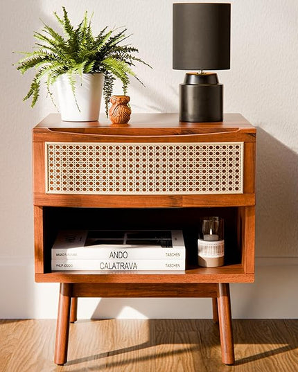 Bme Nightstand Nancy Solid Wood Elegant Curved Shape, Dark Chocolate - LeafyLoom