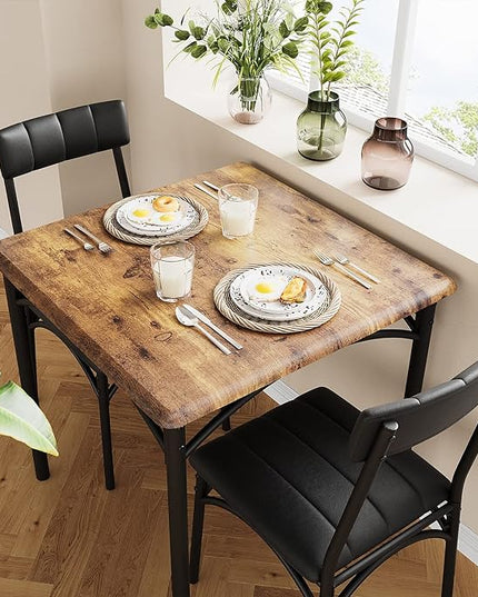 IDEALHOUSE Dining Table Set, Kitchen Table and Chairs for 2, Metal and Wood Square Dining Room Table Set with 2 Upholstered Chairs, 3 Piece Dining Table Set for Small Space, Apartment, Rustic Brown - LeafyLoom