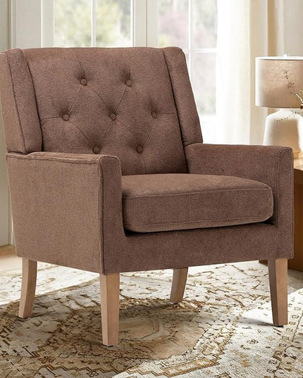 COLAMY Mid-Century Accent Chairs, Modern Wingback Living Room Chair, Upholstered Armchair with Button Tufted Back and Wood Legs for Bedroom/Office/Reading Spaces, Brown - LeafyLoom