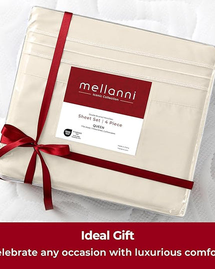 Mellanni Split King Sheets Set - 5 PC Iconic Collection Bedding Sheets & Pillowcases - Hotel Luxury, Extra Soft, Cooling Bed Sheets - Deep Pocket up to 16 inch (Split King, Golden Ivory) - LeafyLoom