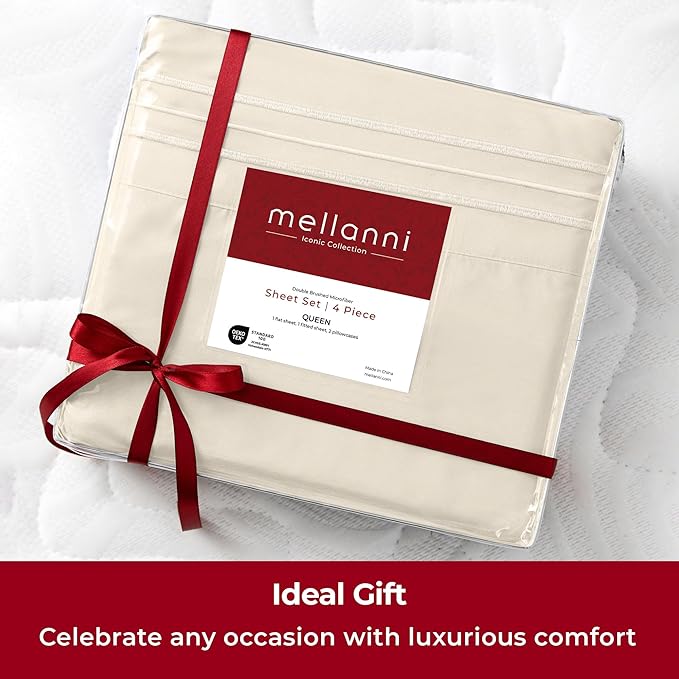 Mellanni Extra Deep California King Sheets - 4 PC Iconic Collection Bedding Sheets & Pillowcases - Luxury, Ultra Soft, Cooling Bed Sheets - Extra Deep Pocket up to 21 inch (Cal King, Golden Ivory) - LeafyLoom