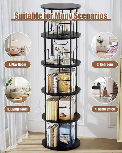 5 Tier Rotating Bookshelf, 360 ° Display Stackable Spinning Bookshelf Tower, Narrow Space Saving Tall Floor Standing Swivel Bookcase Corner Storage Organizer for Bedroom, Living Room, Black - LeafyLoom