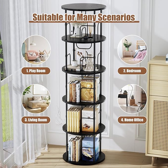 5 Tier Rotating Bookshelf, 360 ° Display Stackable Spinning Bookshelf Tower, Narrow Space Saving Tall Floor Standing Swivel Bookcase Corner Storage Organizer for Bedroom, Living Room, Black - LeafyLoom