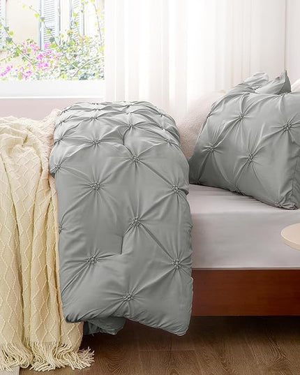 BEDELITE Grey King Size Comforter Set - 3 Pieces Boho Pintuck Bedding Comforter Sets, Lightweight Soft & Warm King Bedding Set with 2 Pillowcases for All Season - LeafyLoom