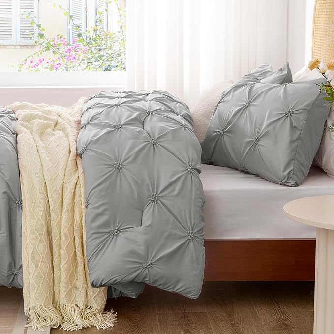 BEDELITE Grey King Size Comforter Set - 3 Pieces Boho Pintuck Bedding Comforter Sets, Lightweight Soft & Warm King Bedding Set with 2 Pillowcases for All Season - LeafyLoom