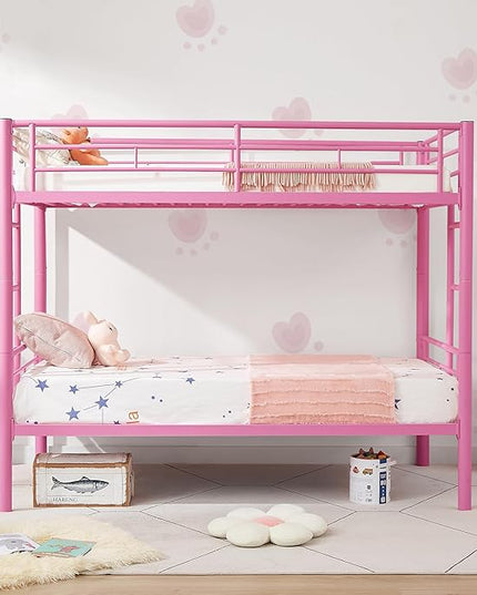 VECELO Metal Bunk Bed Twin Over Twin, Industrial Bunkbeds with Ladder and Full-Length Guardrail, Noise Free, No Boxing Spring Needed, Pink - LeafyLoom