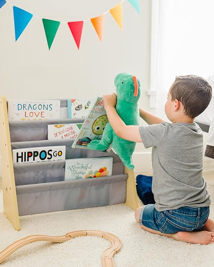 Wildkin Kids Canvas Sling Bookshelf for Boys and Girls, Wooden Design Features Four Fabric Shelves, Keep Bedrooms, Playrooms, and Classrooms Organized, Measures 25 x 24 x 11 Inches (Natural w/ Gray) - LeafyLoom