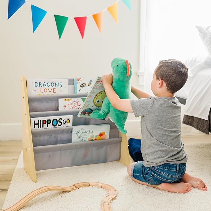 Wildkin Kids Canvas Sling Bookshelf for Boys and Girls, Wooden Design Features Four Fabric Shelves, Keep Bedrooms, Playrooms, and Classrooms Organized, Measures 25 x 24 x 11 Inches (Natural w/ Gray) - LeafyLoom