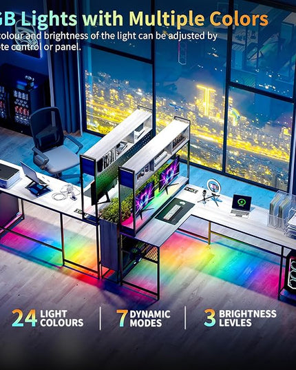 Lvifur 67” L Shaped Desk with Wireless Charging Station,24-Color RGB Dimmable Computer Desk with Pegboard,Gaming Desk with Monitor Stand, Display Stand,Human Sensor Lights for Home Office - LeafyLoom