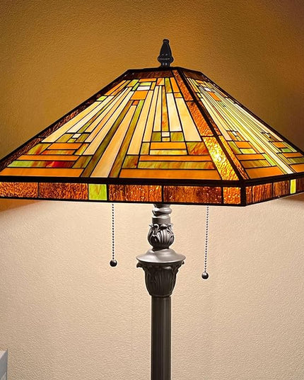 Capulina Tiffany Floor Lamp 2-Light 16X16X63 Inches Amber Brown Mission Antique Style Stained Glass Standing Reading Light for Living Room Bedroom Home Office - LeafyLoom