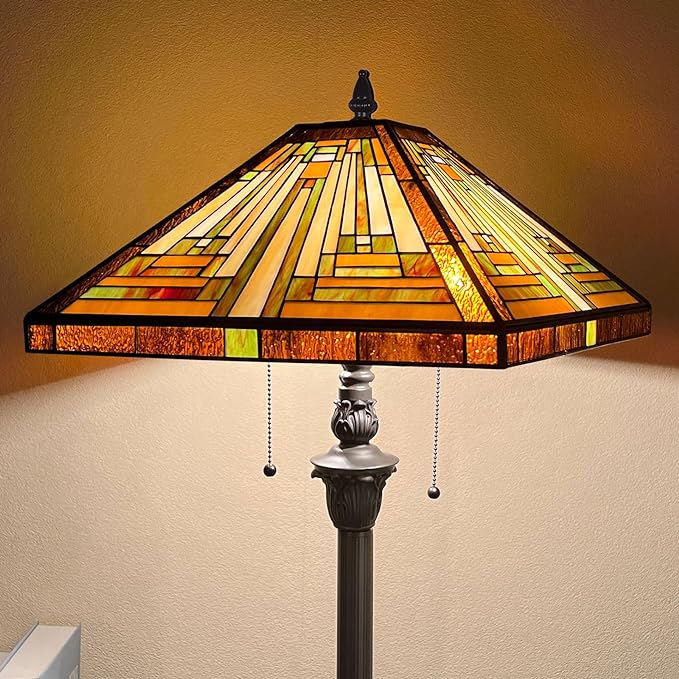 Capulina Tiffany Floor Lamp 2-Light 16X16X63 Inches Amber Brown Mission Antique Style Stained Glass Standing Reading Light for Living Room Bedroom Home Office - LeafyLoom