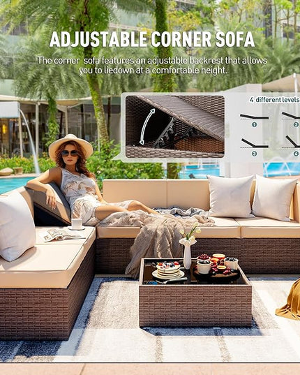 Pamapic Patio Furniture Set, 7 Pieces Modular Outdoor Sectional, Patio Sectional Sofa Conversation Set, Rattan Sofa with Coffee Table and Washable Cushions Covers, Brown Rattan and Beige Cushions - LeafyLoom