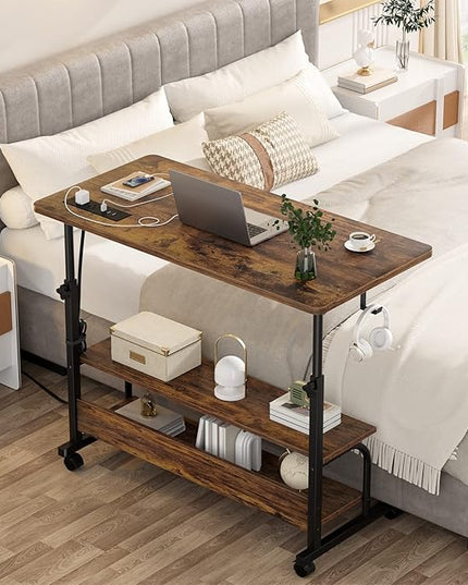 Height Adjustable Standing Desk with Power Outlets, 32" Manual Stand Up Desk with Storage Shelves Small Mobile Rolling Computer Desk Portable Laptop Table with Wheels for Home Office, Rustic - LeafyLoom