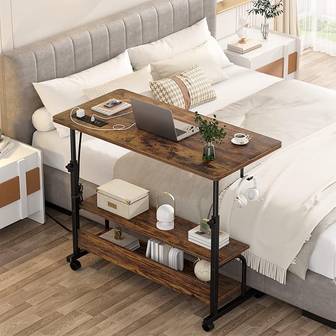 Height Adjustable Standing Desk with Power Outlets, 32" Manual Stand Up Desk with Storage Shelves Small Mobile Rolling Computer Desk Portable Laptop Table with Wheels for Home Office, Rustic - LeafyLoom