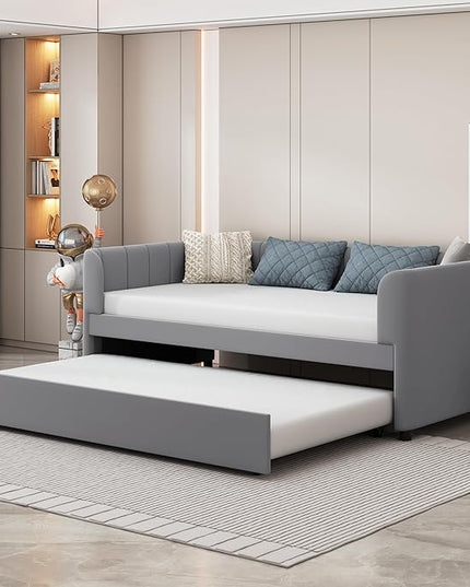 Twin Size, Upholstered Daybeds with Ergonomic Design Backrest and Trundle, Velvet Sofa Day Bed Frame for Kids Teens Adults, Space-Saving, Easy Assembly, Gray - LeafyLoom