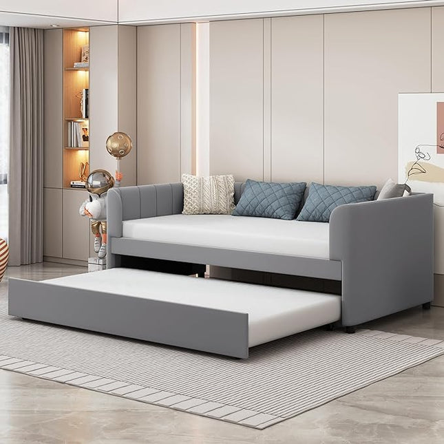 Twin Size, Upholstered Daybeds with Ergonomic Design Backrest and Trundle, Velvet Sofa Day Bed Frame for Kids Teens Adults, Space-Saving, Easy Assembly, Gray - LeafyLoom