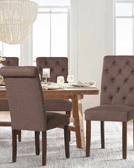 COLAMY Button Tufted Dining Chairs Set of 4, Parsons Upholstered Fabric Dining Room Chairs Kitchen Chairs with Wood Legs and Padded Seat, Brown - LeafyLoom