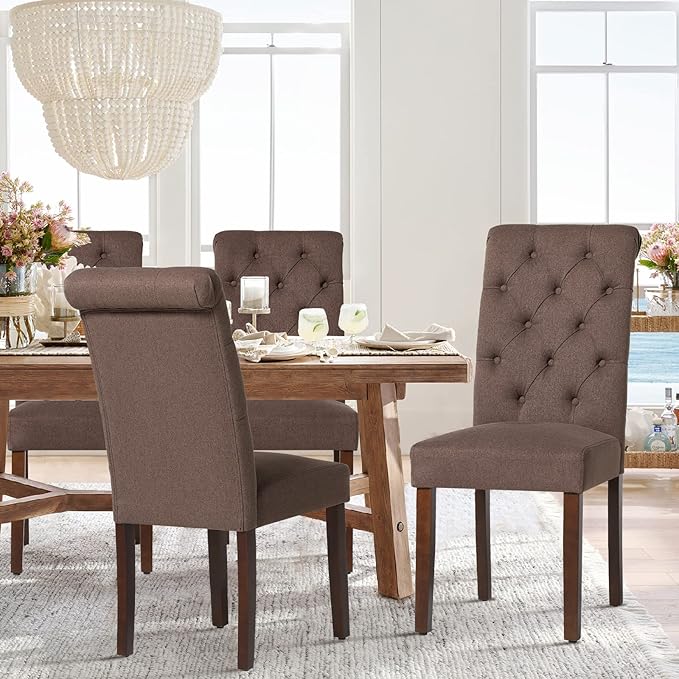 COLAMY Button Tufted Dining Chairs Set of 4, Parsons Upholstered Fabric Dining Room Chairs Kitchen Chairs with Wood Legs and Padded Seat, Brown - LeafyLoom