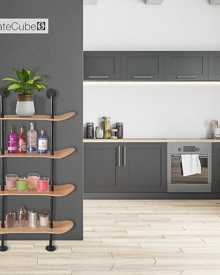 Industrial Shelves - 4 Tier Industrial Decor Pipe Bookcase Using 7 Ply Skateboard Decks - Natural Wood Stain Finish - Perfect Bathroom Wall Decor, Book Shelf for Skateboard Enthusiasts - LeafyLoom