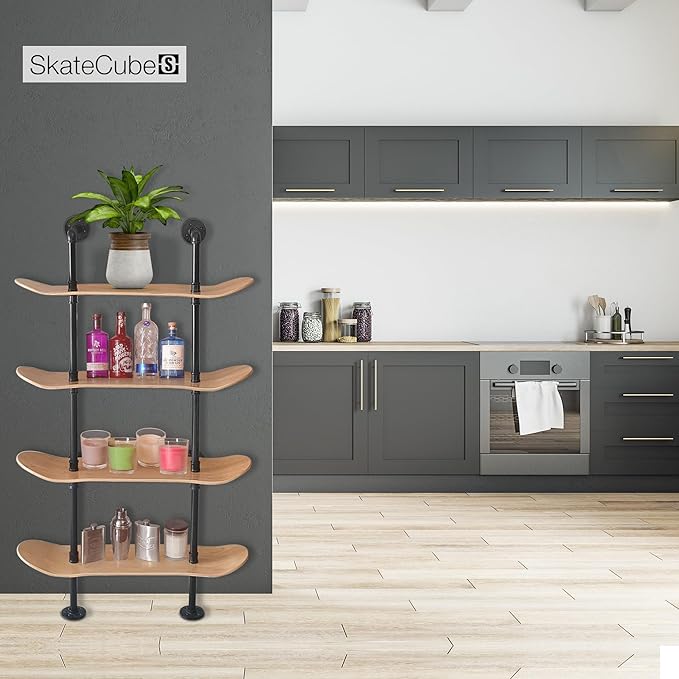 Industrial Shelves - 4 Tier Industrial Decor Pipe Bookcase Using 7 Ply Skateboard Decks - Natural Wood Stain Finish - Perfect Bathroom Wall Decor, Book Shelf for Skateboard Enthusiasts - LeafyLoom