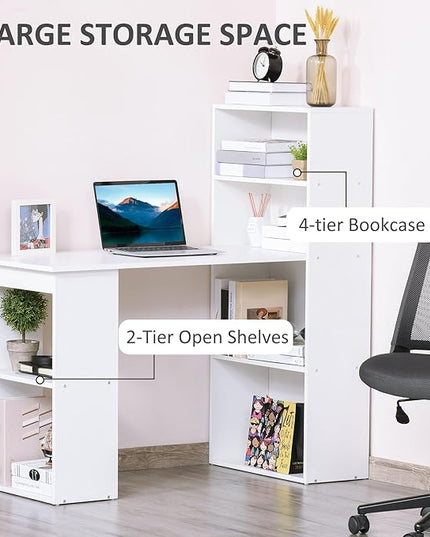 HOMCOM Modern Home Office Desk with 6-Tier Storage Shelves, 47" Writing Table with Bookshelf, White - LeafyLoom