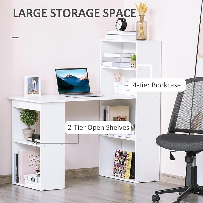 HOMCOM Modern Home Office Desk with 6-Tier Storage Shelves, 47" Writing Table with Bookshelf, White - LeafyLoom