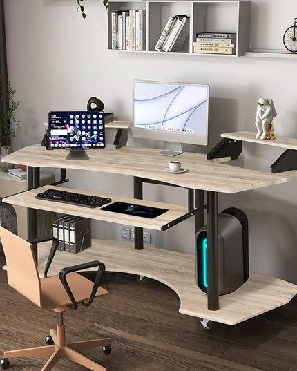 Acme Eleazar Wooden 3-Shelf Music Recording Studio Desk in Natural Oak - LeafyLoom