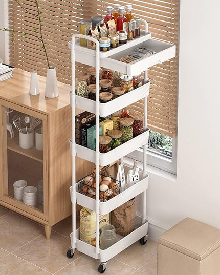 5-Tier Rolling Utility Cart，Trolley with Drawer, Multifunctional Storage Organizer with Plastic Shelf & Metal Wheels, Storage Cart for Living Room, Kitchen, Office, Bathroom, White - LeafyLoom