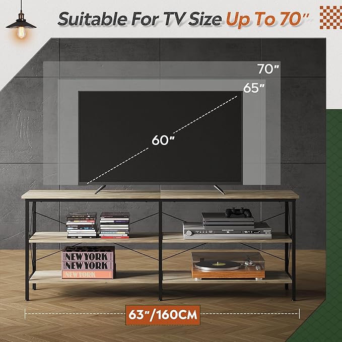 WLIVE TV Stand up to 70 Inch TV, 63" Entertainment Center, TV Media Console with 3-Tier Storage Shelves for Living Room and Bedroom, Greige - LeafyLoom